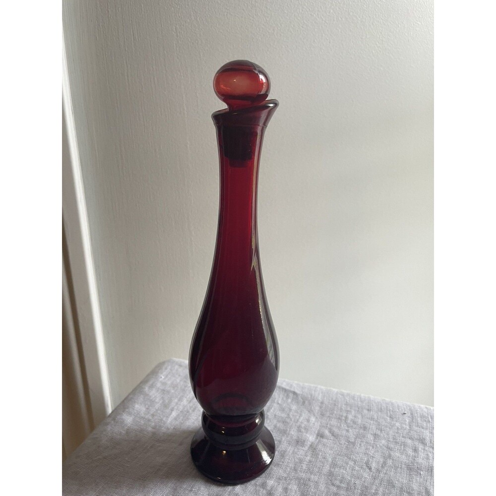 VTG Avon Ruby Bud Vase Cologne Perfume Bottle Red 8.25” Tall Ball Shaped Topper